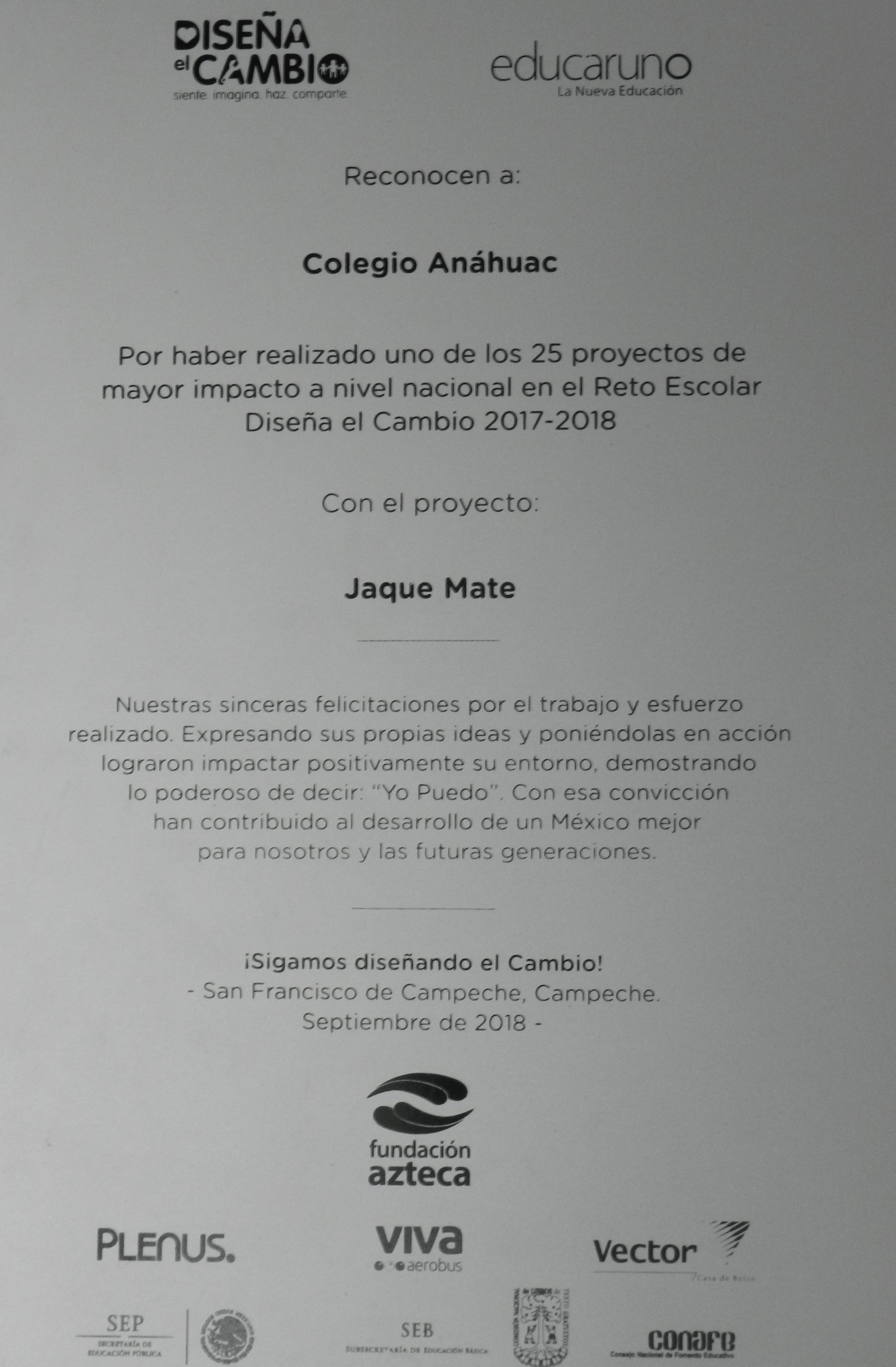 Reconocimiento Diseña el Cambio 2017-2018
