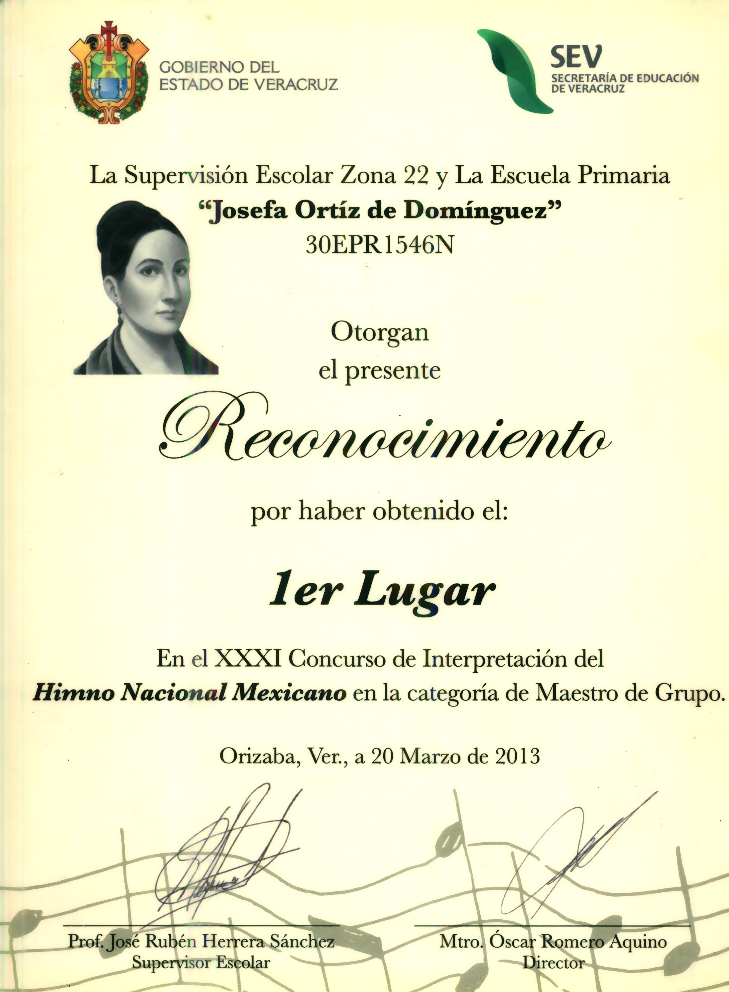 Primer Lugar Concurso de Interpretación del Himno Nacional Mexicano